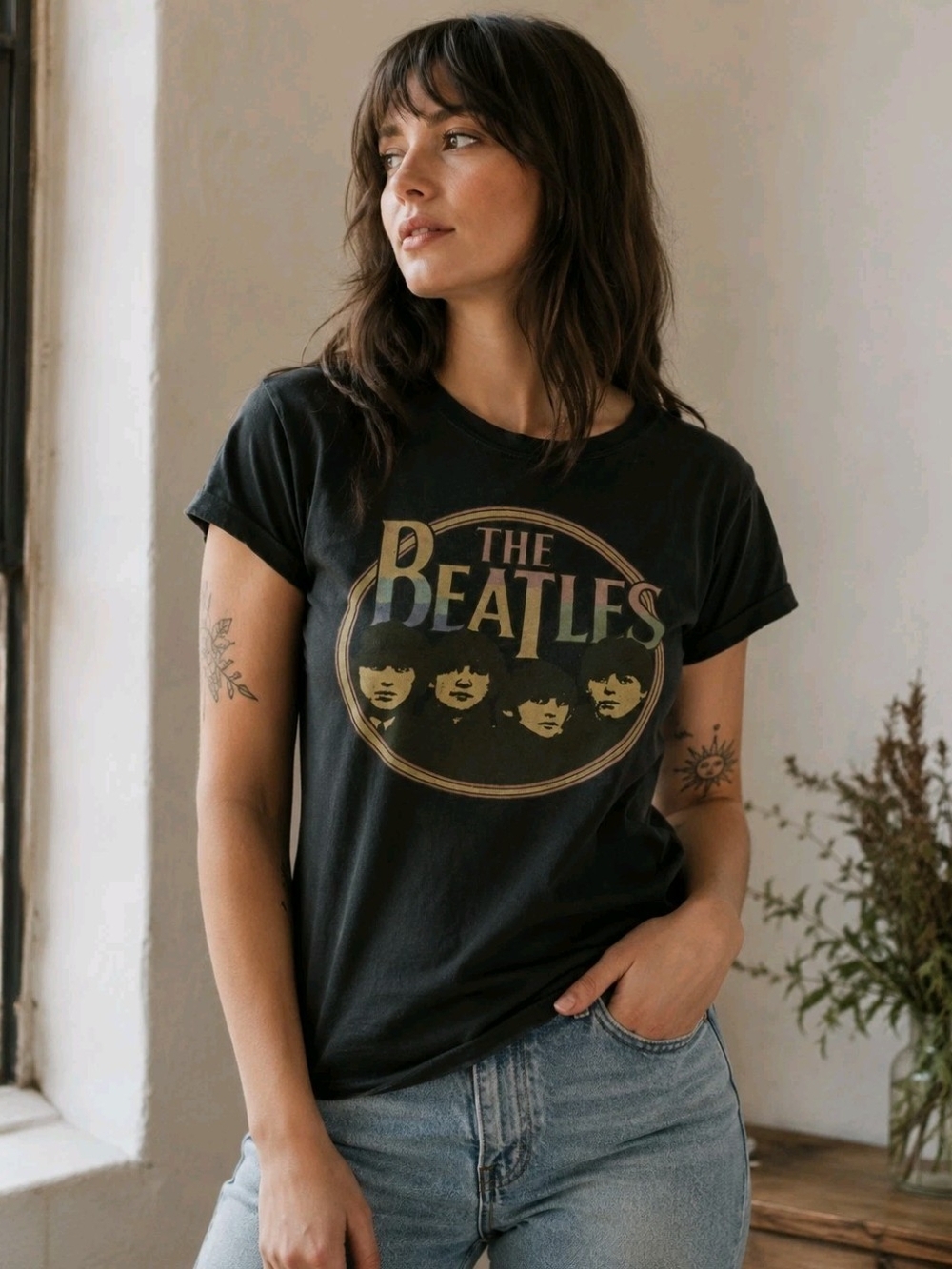 The Beatles Heather Green Short Sleeve Graphic Tee with Gold Band Logo